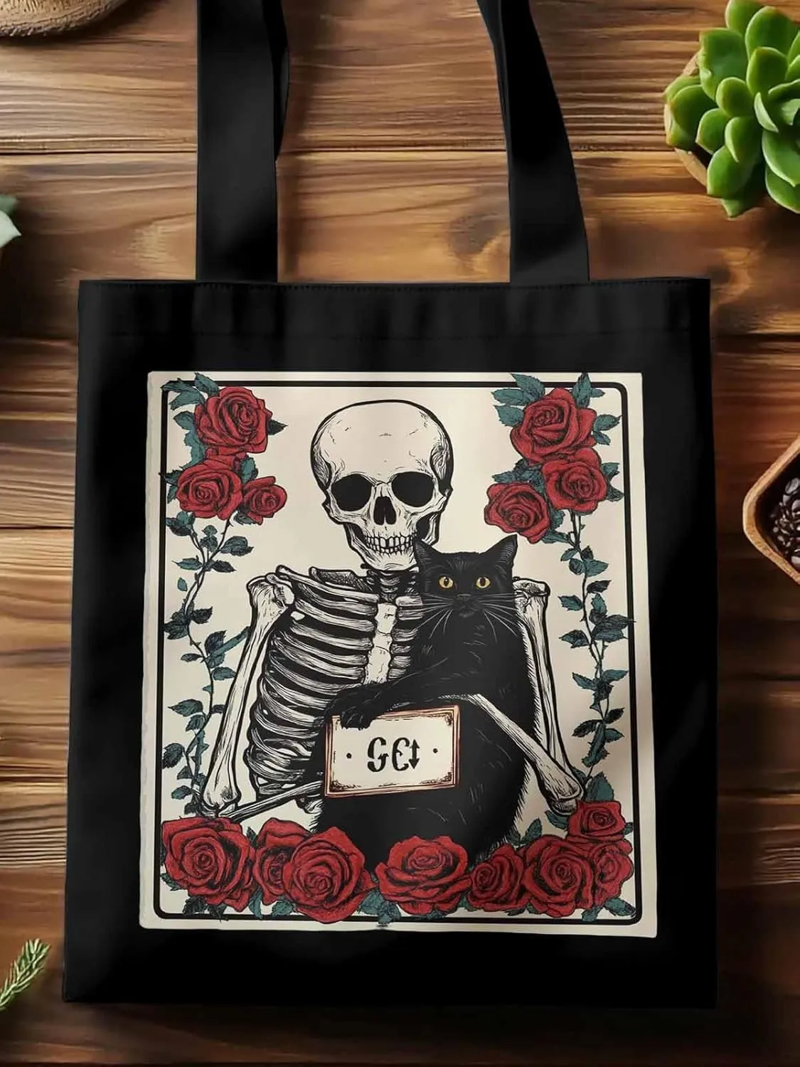 Red Roses Skull Cat Canvas Tote Bag, Aesthetic Canvas Tote Handbags for Women Shoulder Bag