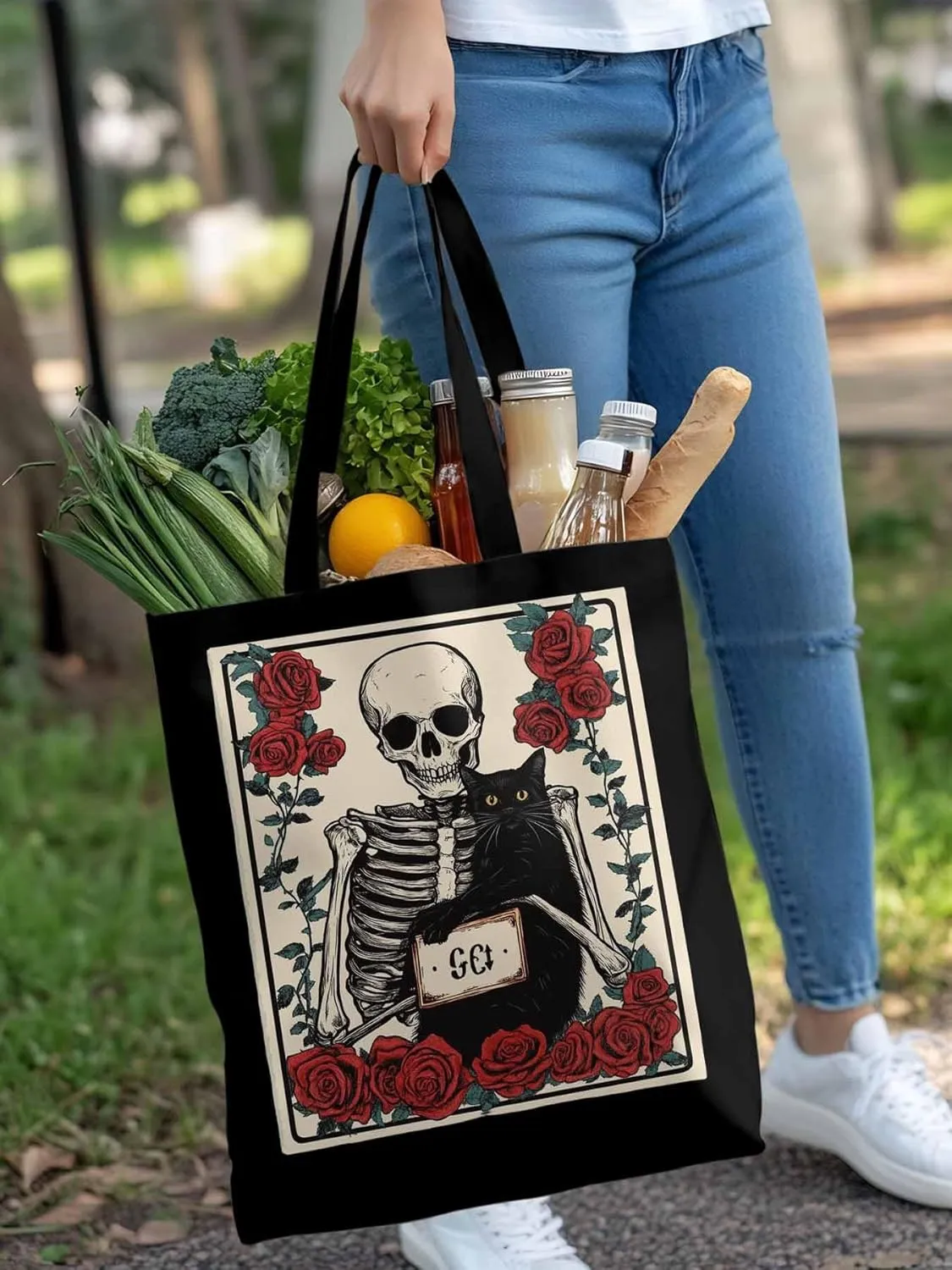 Red Roses Skull Cat Canvas Tote Bag, Aesthetic Canvas Tote Handbags for Women Shoulder Bag