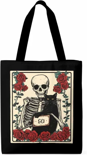 Red Roses Skull Cat Canvas Tote Bag, Aesthetic Canvas Tote Handbags for Women Shoulder Bag