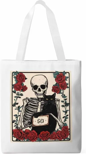 Red Roses Skull Cat Canvas Tote Bag, Aesthetic Canvas Tote Handbags for Women Shoulder Bag