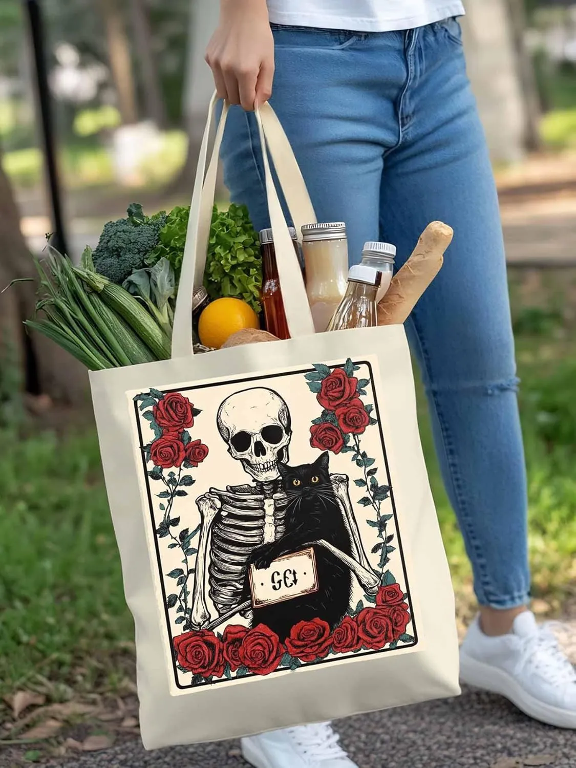 Red Roses Skull Cat Canvas Tote Bag, Aesthetic Canvas Tote Handbags for Women Shoulder Bag