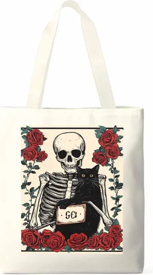 Red Roses Skull Cat Canvas Tote Bag, Aesthetic Canvas Tote Handbags for Women Shoulder Bag
