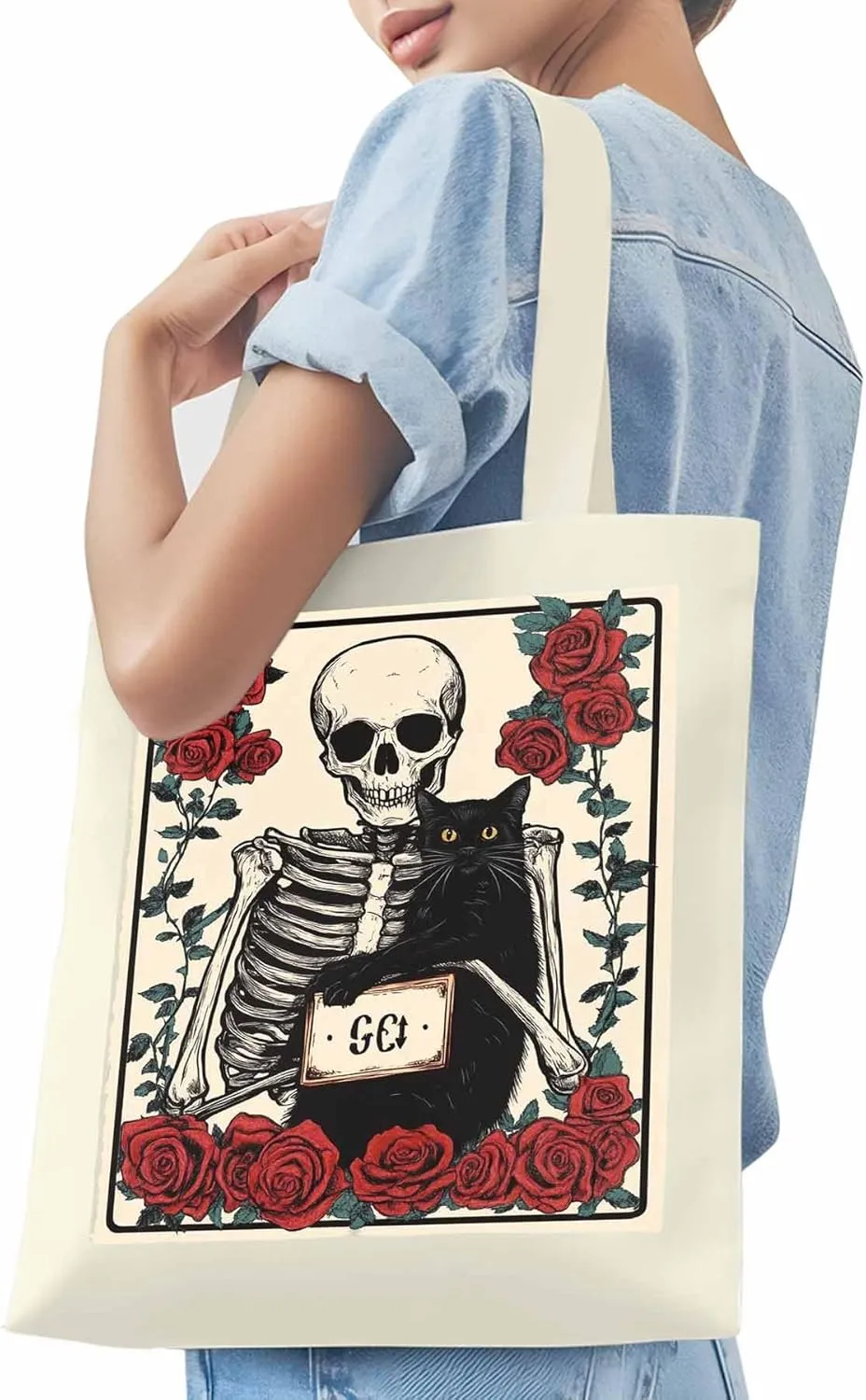 Red Roses Skull Cat Canvas Tote Bag, Aesthetic Canvas Tote Handbags for Women Shoulder Bag