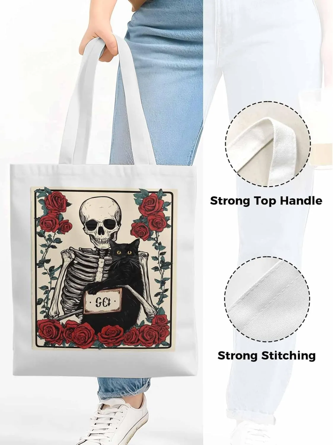 Red Roses Skull Cat Canvas Tote Bag, Aesthetic Canvas Tote Handbags for Women Shoulder Bag