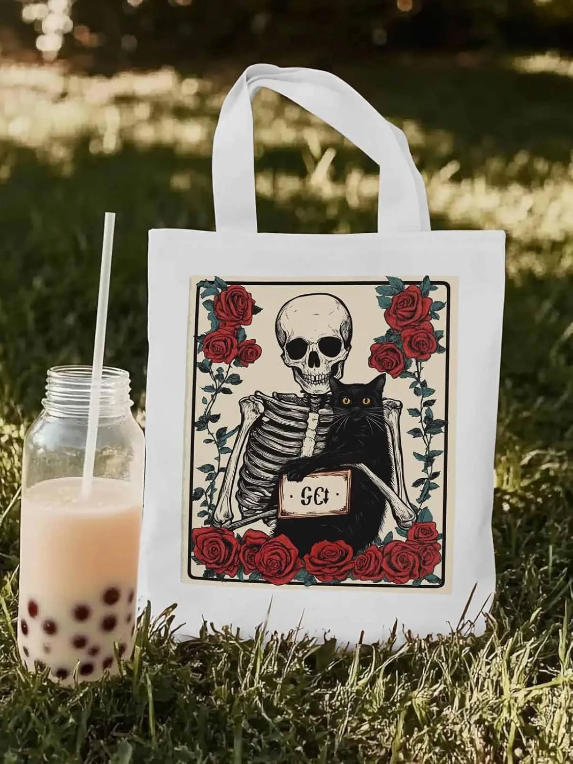 Red Roses Skull Cat Canvas Tote Bag, Aesthetic Canvas Tote Handbags for Women Shoulder Bag