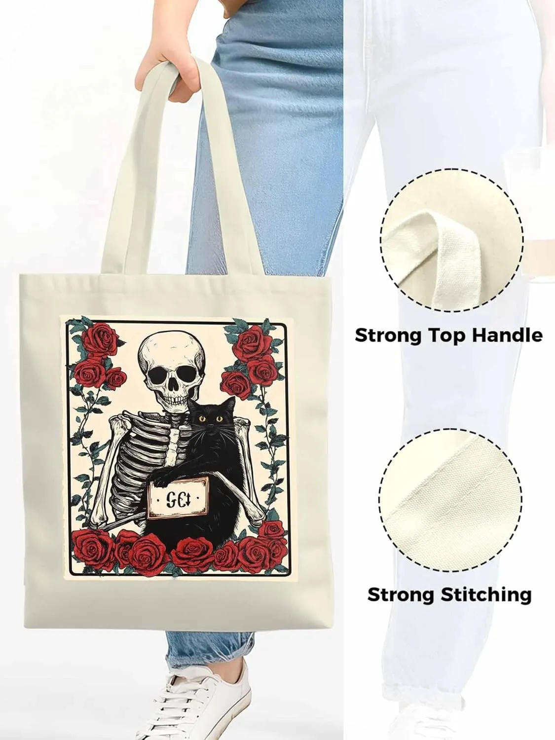 Red Roses Skull Cat Canvas Tote Bag, Aesthetic Canvas Tote Handbags for Women Shoulder Bag
