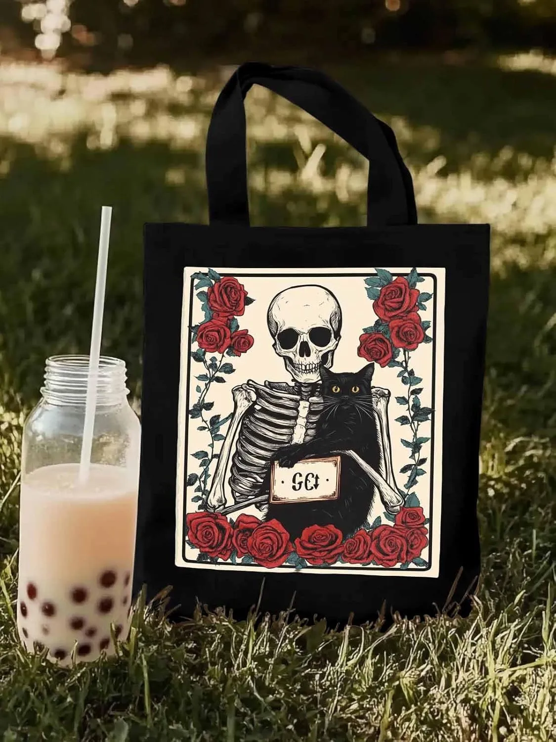 Red Roses Skull Cat Canvas Tote Bag, Aesthetic Canvas Tote Handbags for Women Shoulder Bag