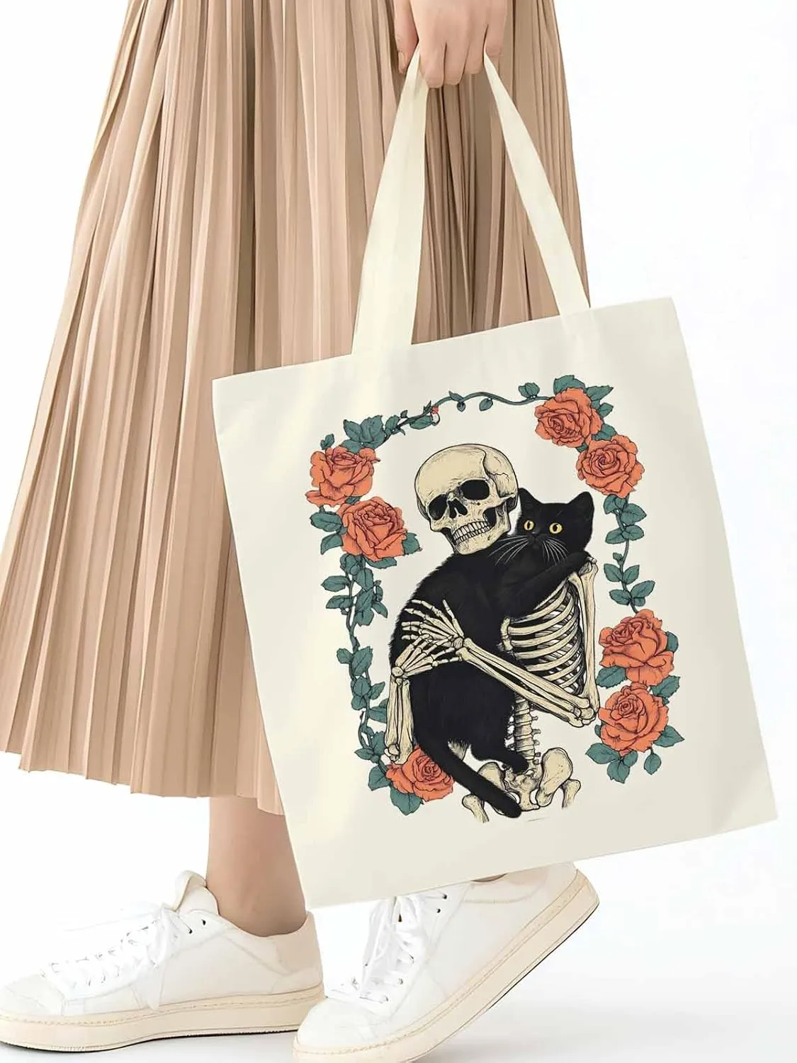 Red Roses Skull Cat Floral Canvas Tote Bag, Aesthetic Canvas Tote Handbags for Women Shoulder Bag