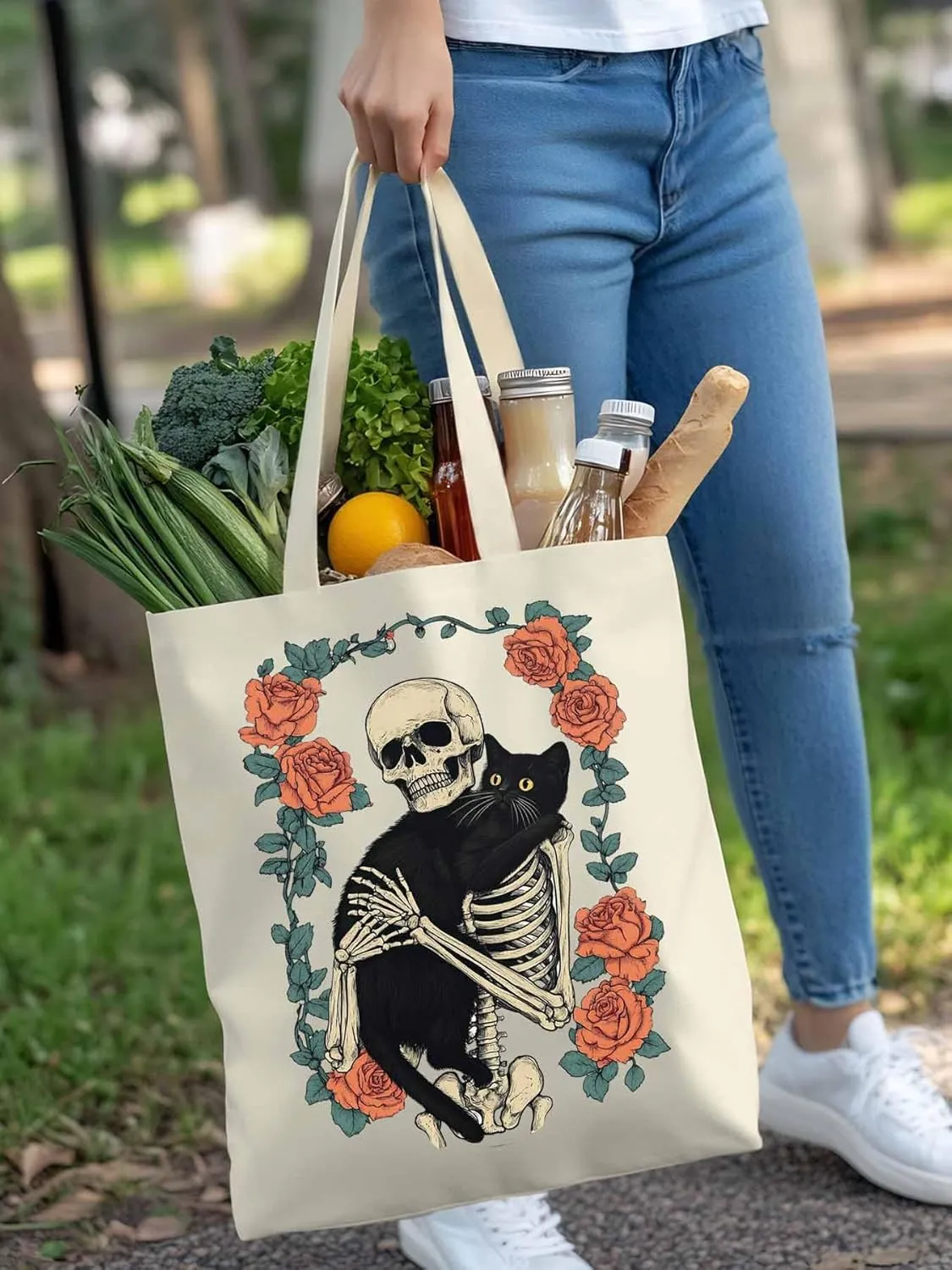 Red Roses Skull Cat Floral Canvas Tote Bag, Aesthetic Canvas Tote Handbags for Women Shoulder Bag