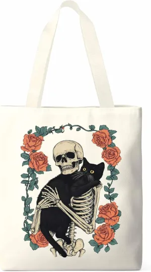 Red Roses Skull Cat Floral Canvas Tote Bag, Aesthetic Canvas Tote Handbags for Women Shoulder Bag