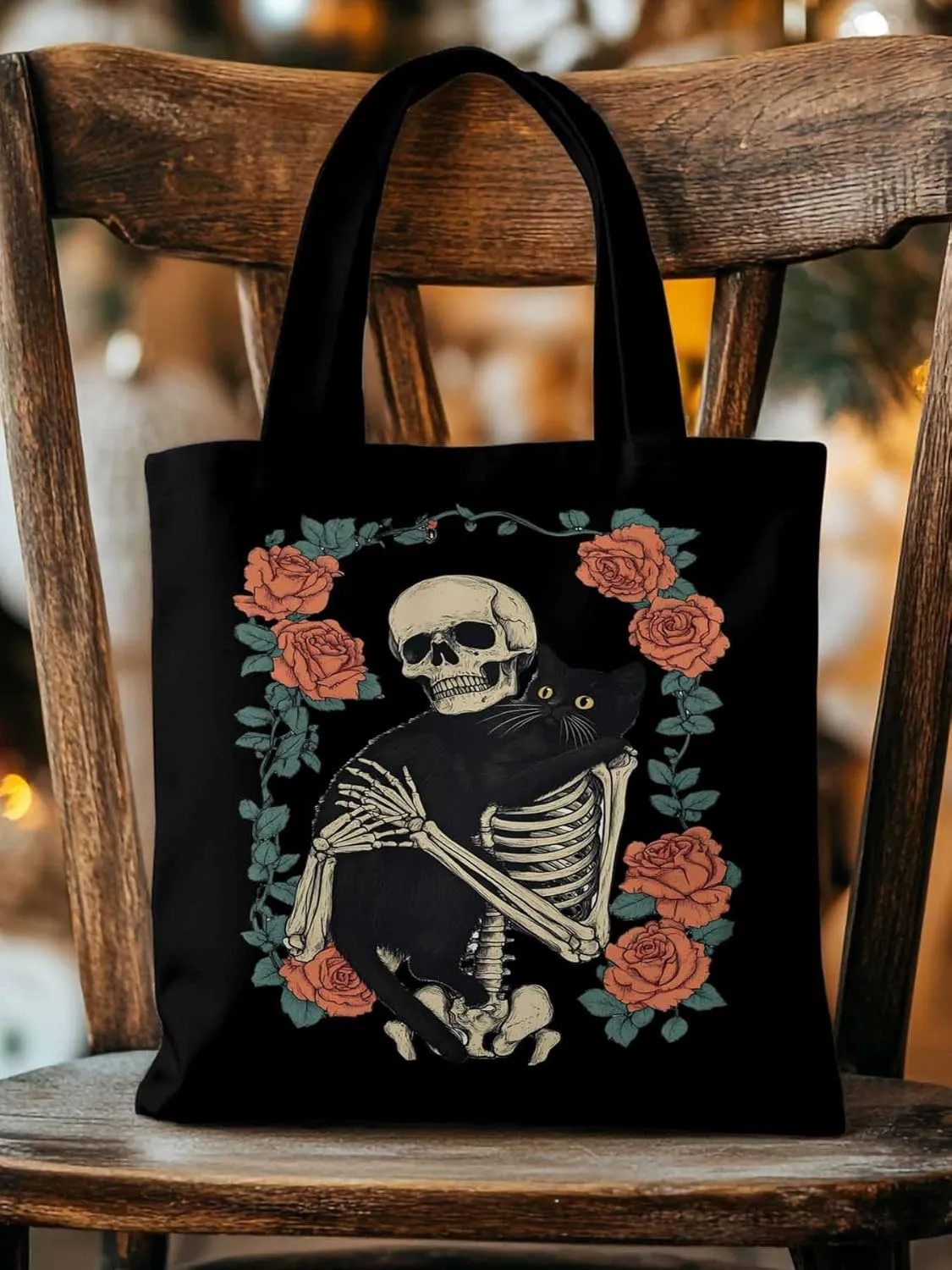 Red Roses Skull Cat Floral Canvas Tote Bag, Aesthetic Canvas Tote Handbags for Women Shoulder Bag