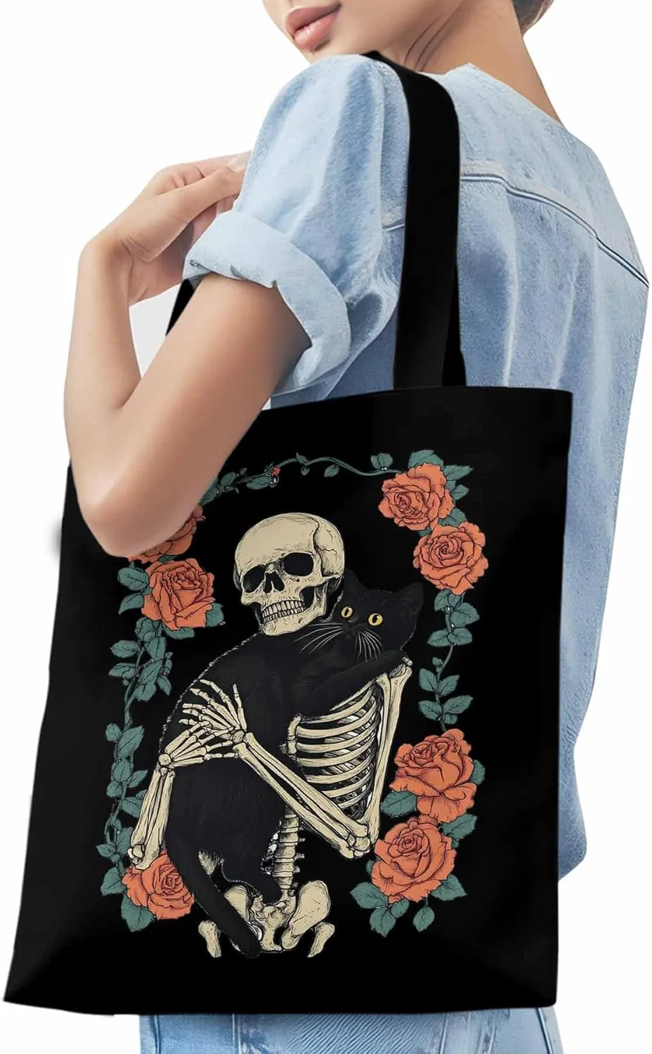 Red Roses Skull Cat Floral Canvas Tote Bag, Aesthetic Canvas Tote Handbags for Women Shoulder Bag