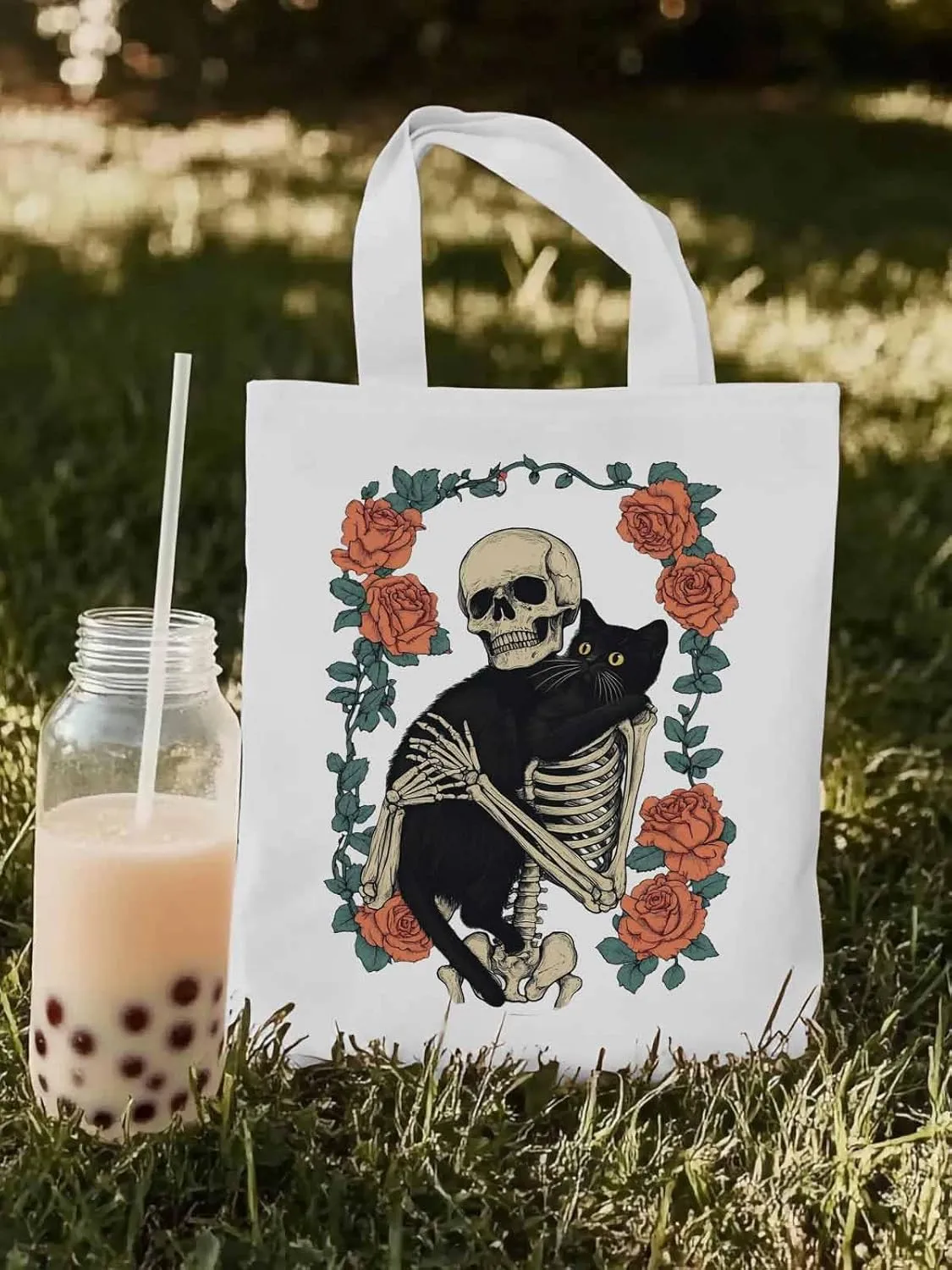 Red Roses Skull Cat Floral Canvas Tote Bag, Aesthetic Canvas Tote Handbags for Women Shoulder Bag