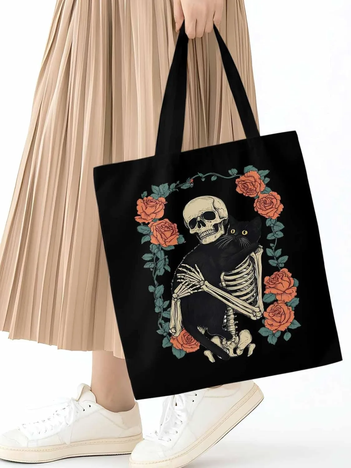 Red Roses Skull Cat Floral Canvas Tote Bag, Aesthetic Canvas Tote Handbags for Women Shoulder Bag