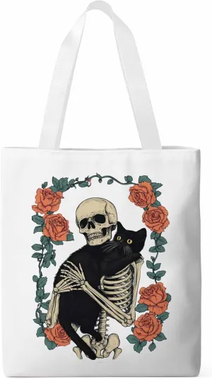 Red Roses Skull Cat Floral Canvas Tote Bag, Aesthetic Canvas Tote Handbags for Women Shoulder Bag