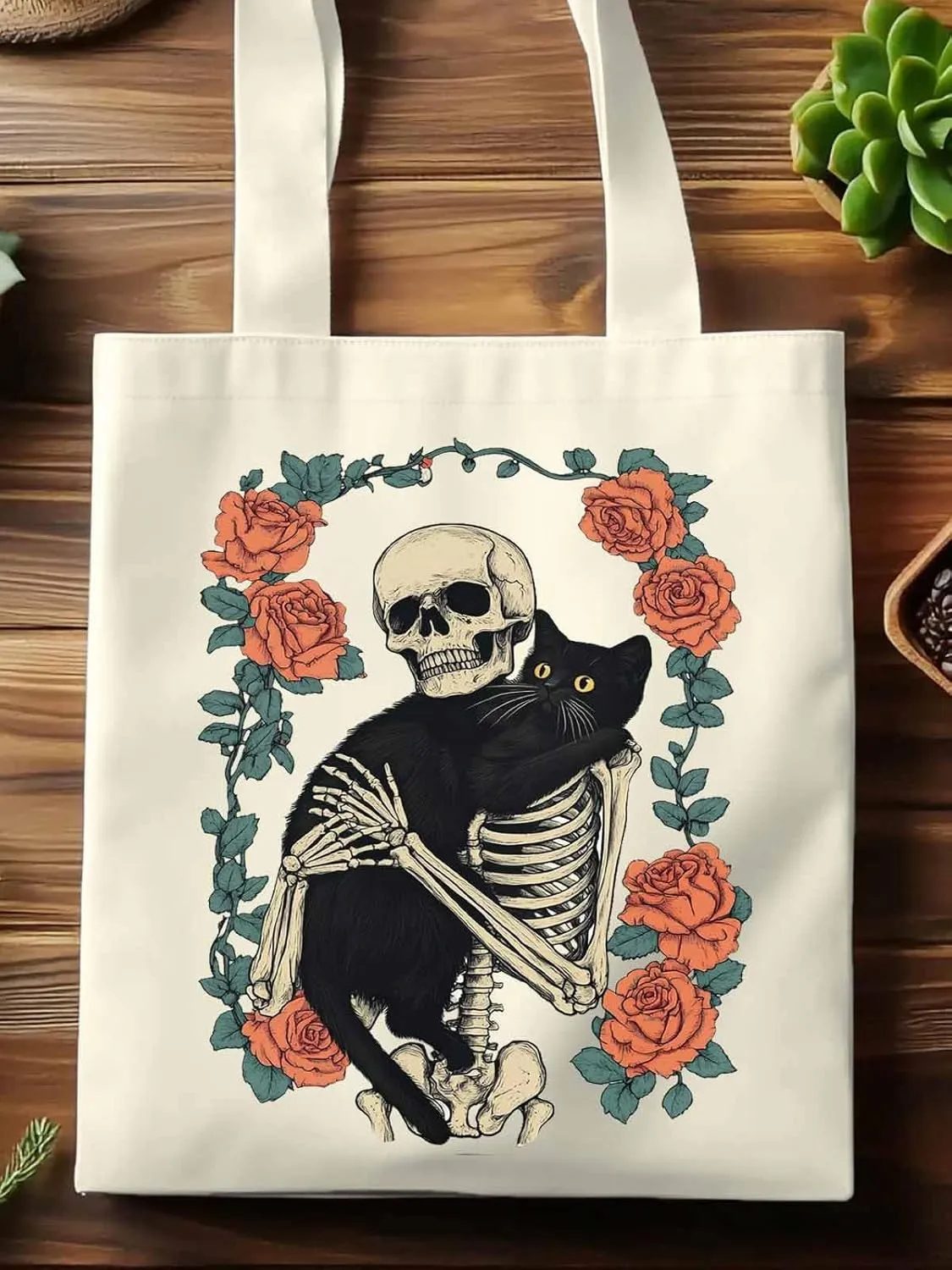 Red Roses Skull Cat Floral Canvas Tote Bag, Aesthetic Canvas Tote Handbags for Women Shoulder Bag