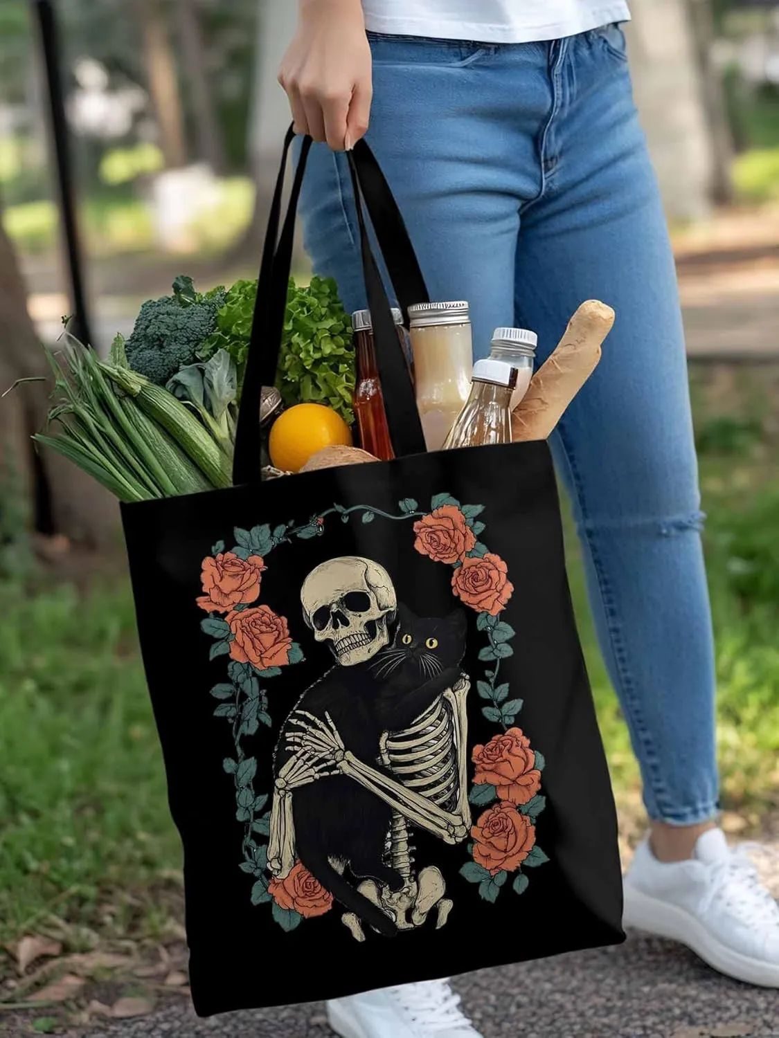 Red Roses Skull Cat Floral Canvas Tote Bag, Aesthetic Canvas Tote Handbags for Women Shoulder Bag