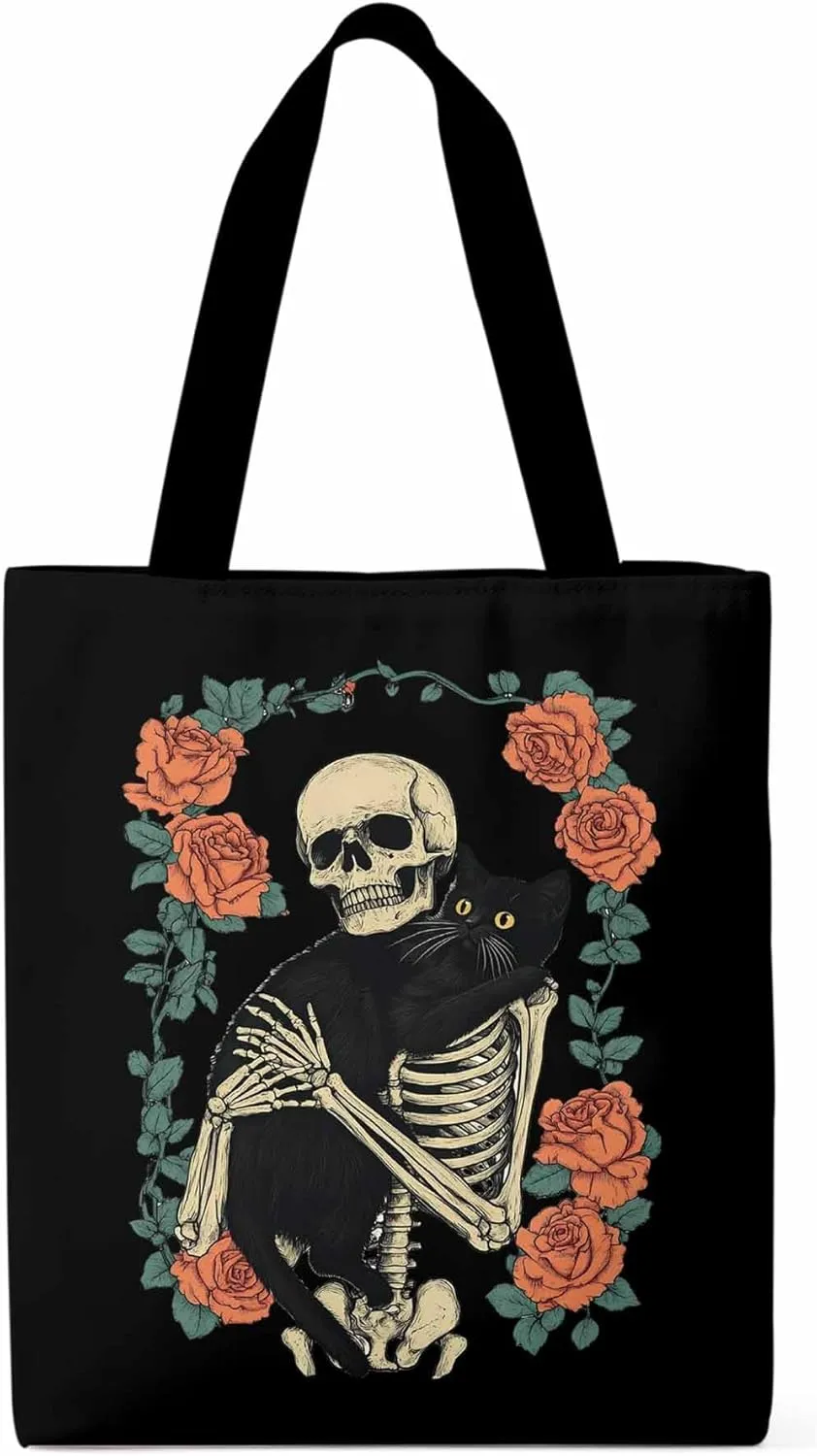 Red Roses Skull Cat Floral Canvas Tote Bag, Aesthetic Canvas Tote Handbags for Women Shoulder Bag