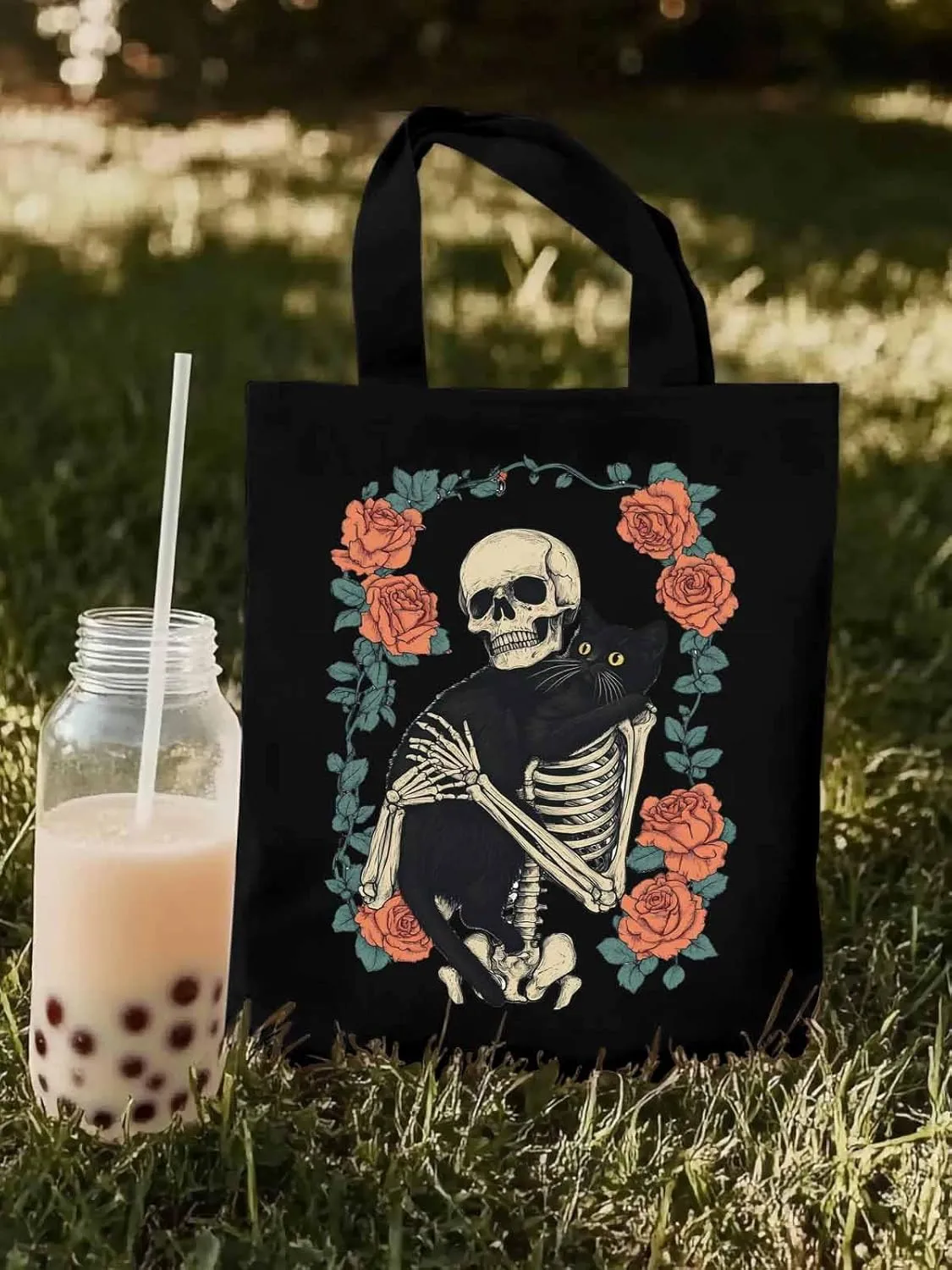 Red Roses Skull Cat Floral Canvas Tote Bag, Aesthetic Canvas Tote Handbags for Women Shoulder Bag