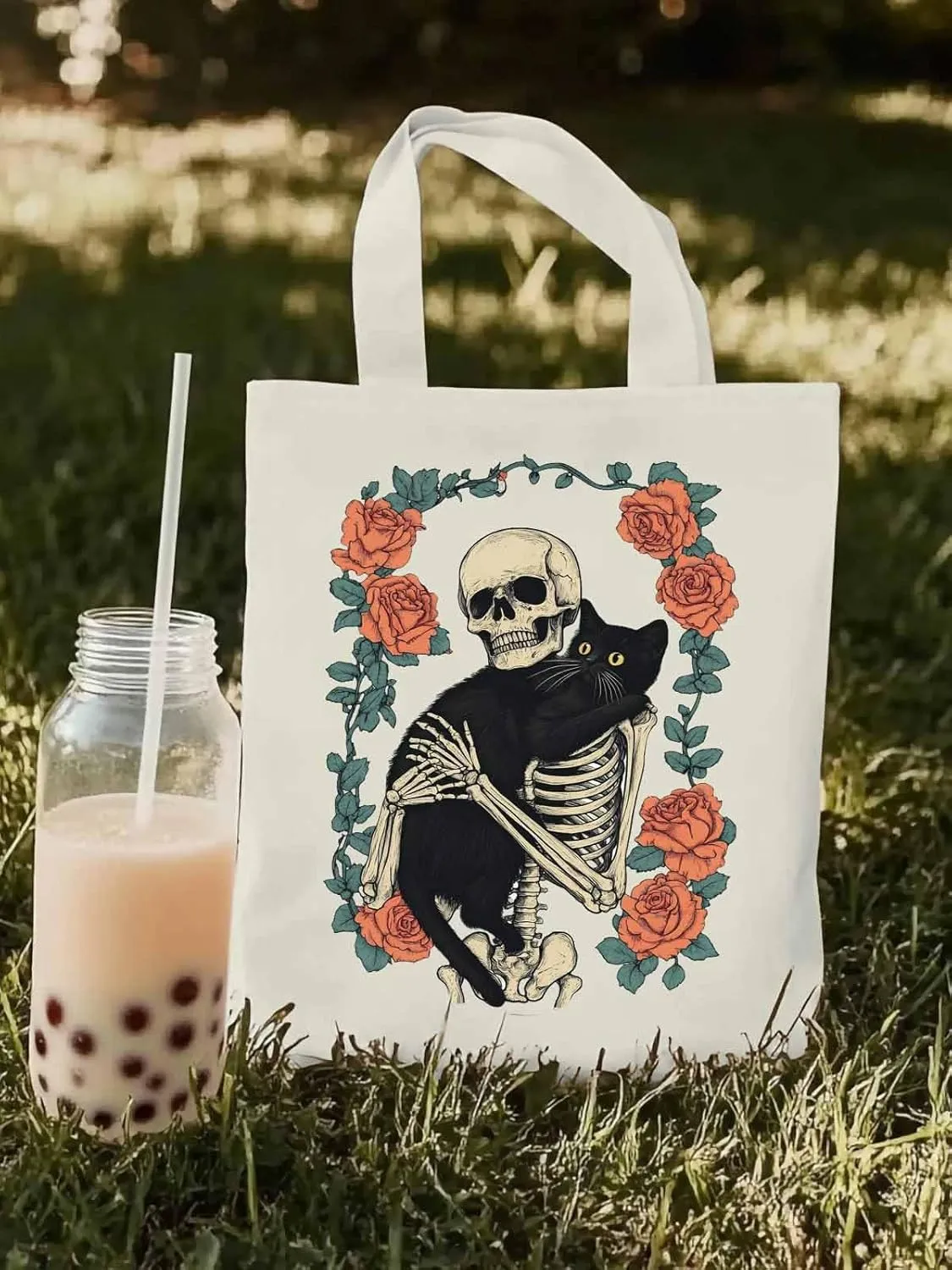 Red Roses Skull Cat Floral Canvas Tote Bag, Aesthetic Canvas Tote Handbags for Women Shoulder Bag