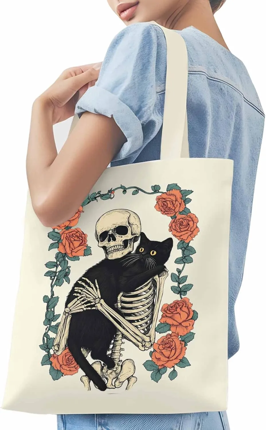 Red Roses Skull Cat Floral Canvas Tote Bag, Aesthetic Canvas Tote Handbags for Women Shoulder Bag