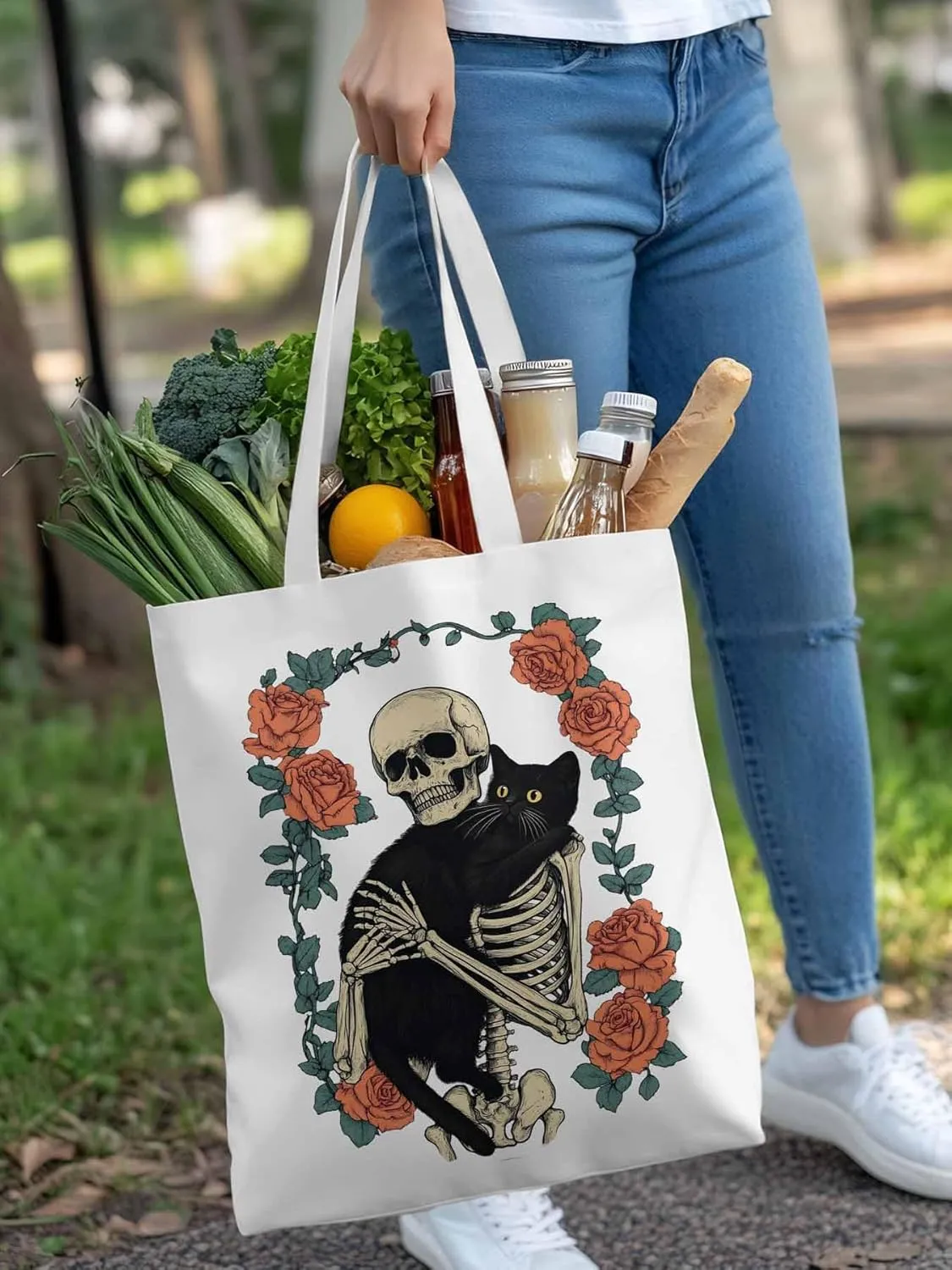 Red Roses Skull Cat Floral Canvas Tote Bag, Aesthetic Canvas Tote Handbags for Women Shoulder Bag