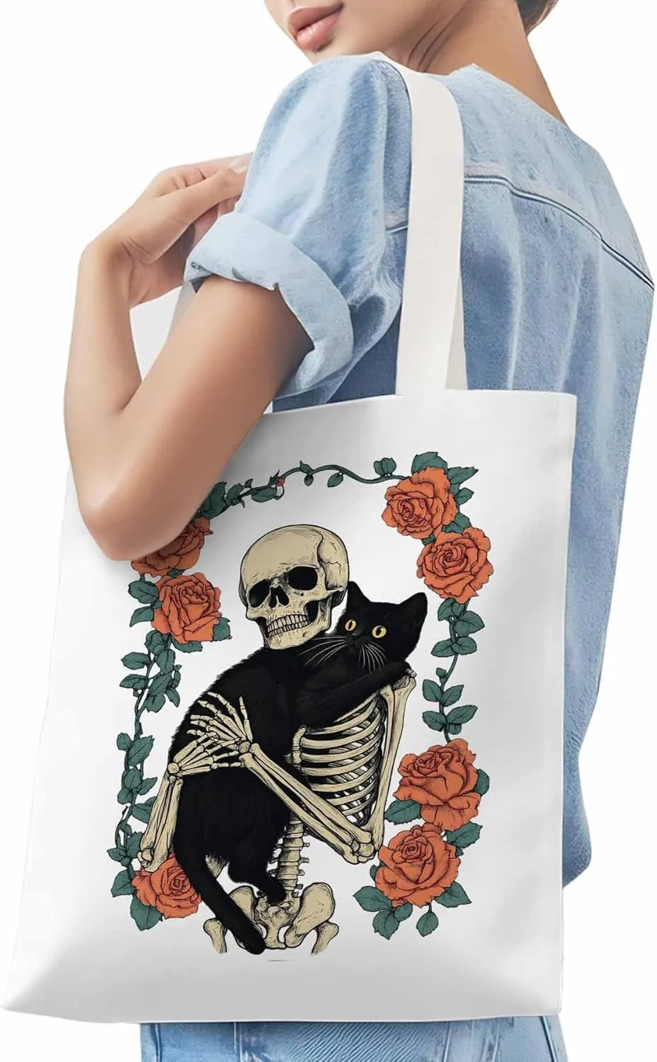 Red Roses Skull Cat Floral Canvas Tote Bag, Aesthetic Canvas Tote Handbags for Women Shoulder Bag