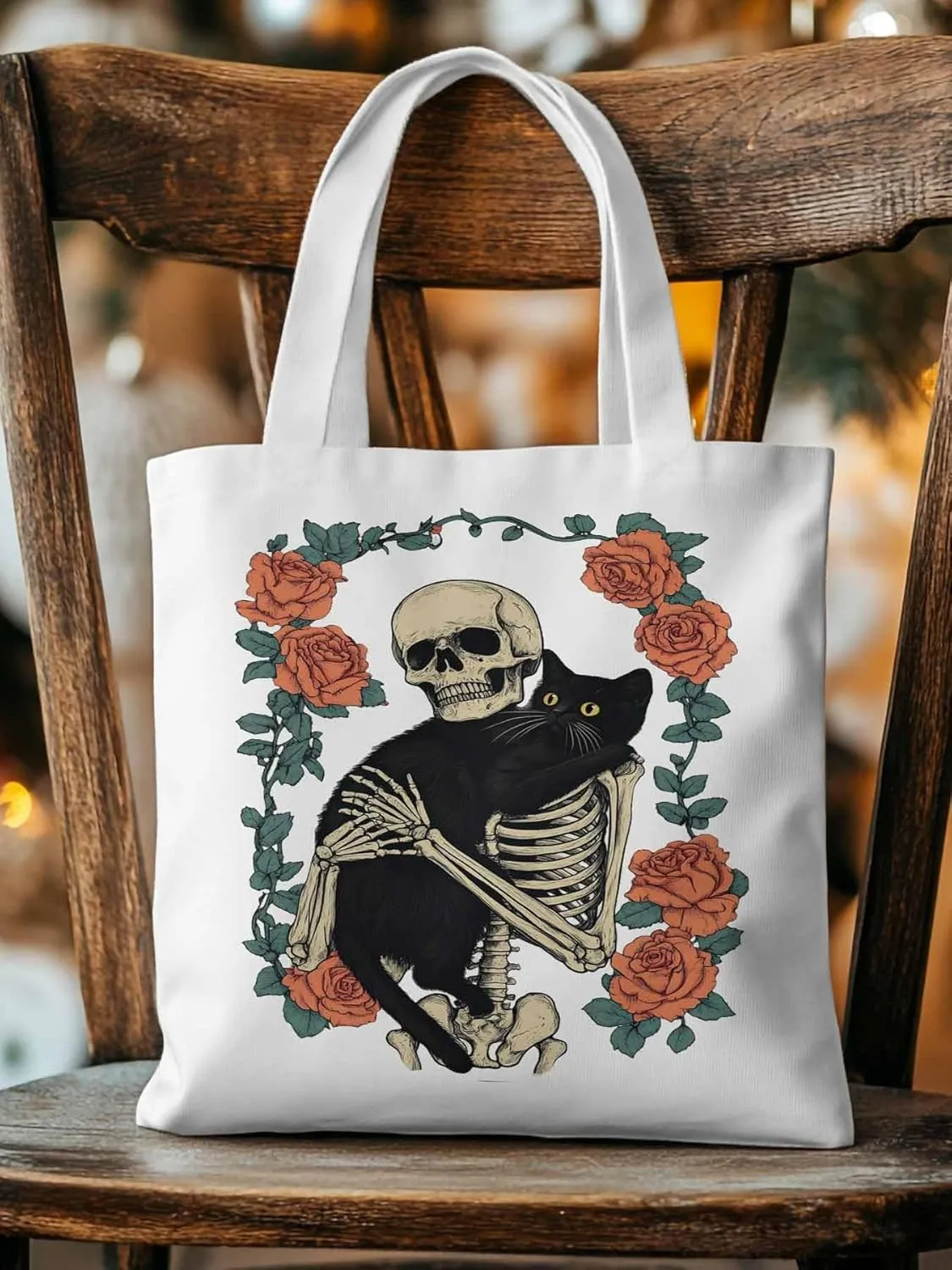 Red Roses Skull Cat Floral Canvas Tote Bag, Aesthetic Canvas Tote Handbags for Women Shoulder Bag