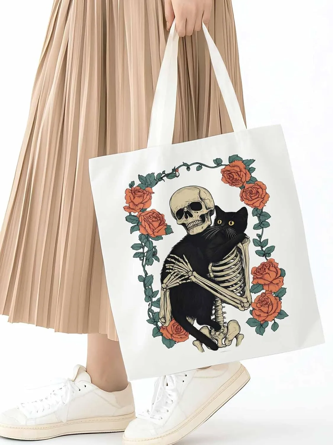 Red Roses Skull Cat Floral Canvas Tote Bag, Aesthetic Canvas Tote Handbags for Women Shoulder Bag