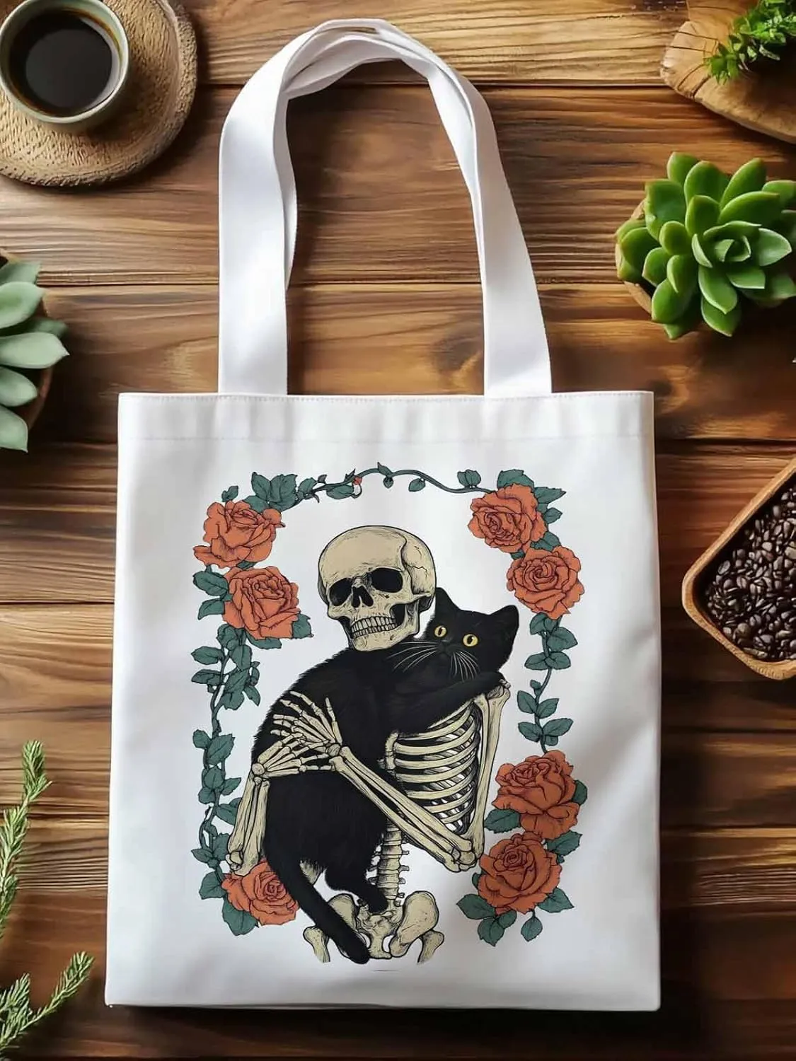 Red Roses Skull Cat Floral Canvas Tote Bag, Aesthetic Canvas Tote Handbags for Women Shoulder Bag