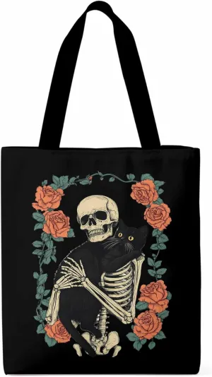 Red Roses Skull Cat Floral Canvas Tote Bag, Aesthetic Canvas Tote Handbags for Women Shoulder Bag