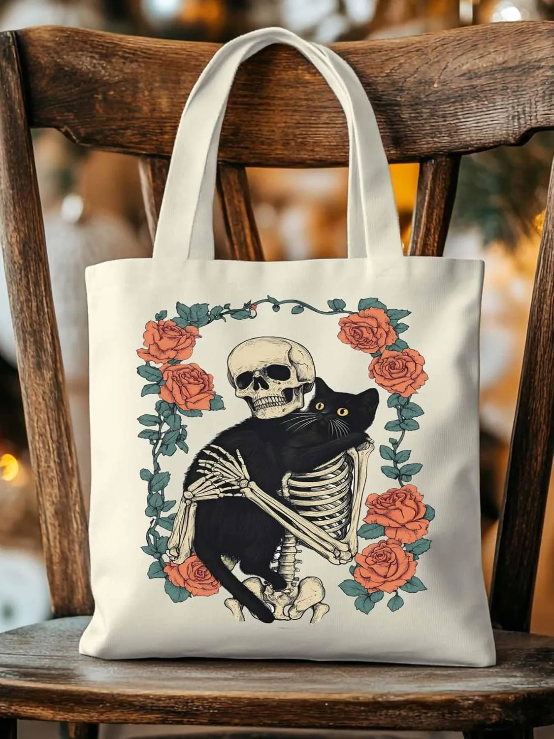 Red Roses Skull Cat Floral Canvas Tote Bag, Aesthetic Canvas Tote Handbags for Women Shoulder Bag
