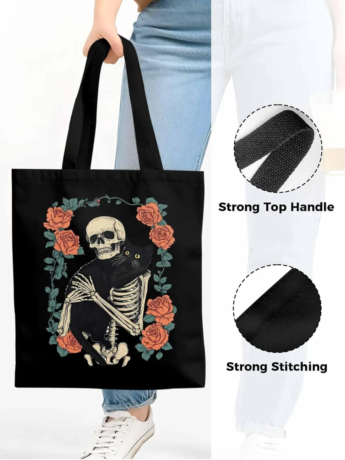 Red Roses Skull Cat Floral Canvas Tote Bag, Aesthetic Canvas Tote Handbags for Women Shoulder Bag
