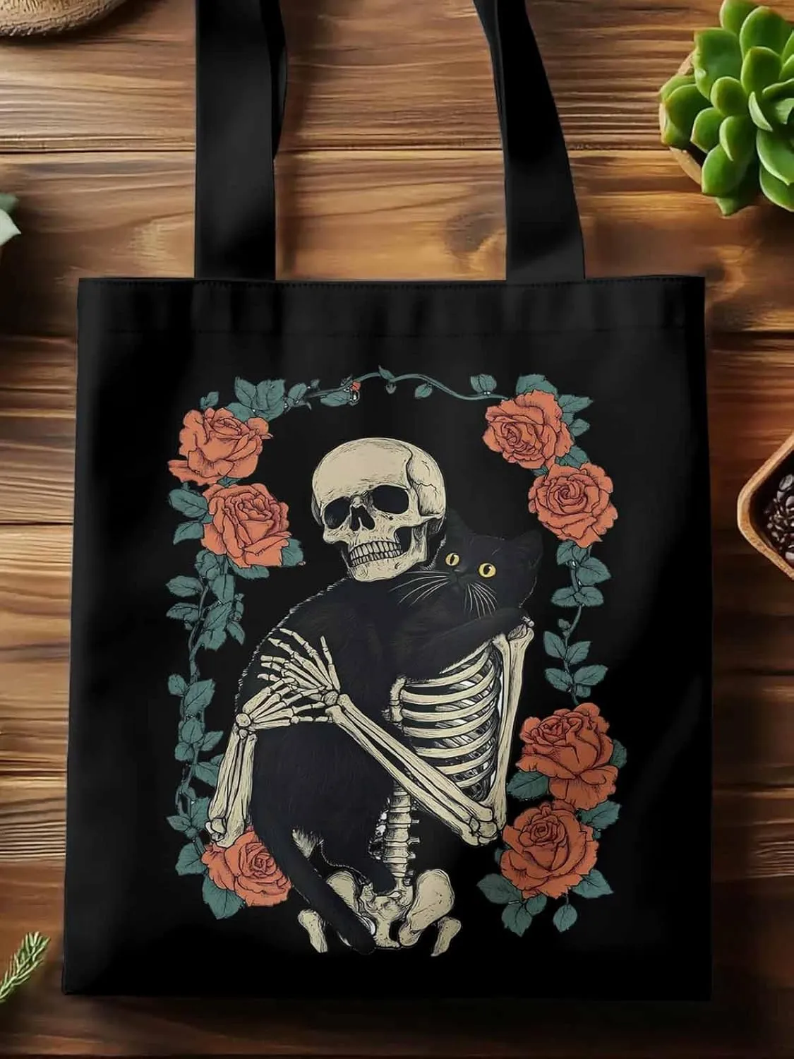 Red Roses Skull Cat Floral Canvas Tote Bag, Aesthetic Canvas Tote Handbags for Women Shoulder Bag