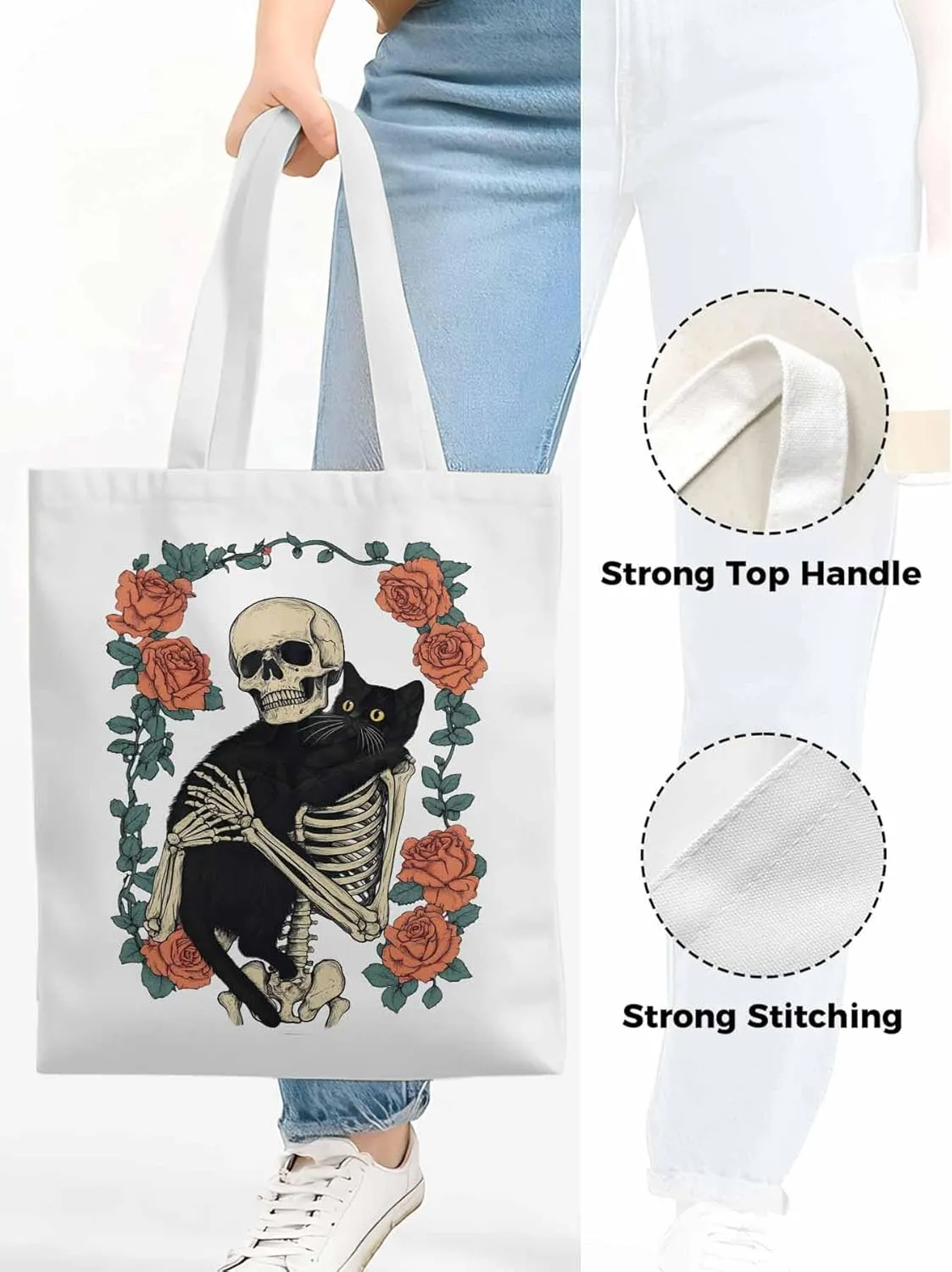 Red Roses Skull Cat Floral Canvas Tote Bag, Aesthetic Canvas Tote Handbags for Women Shoulder Bag