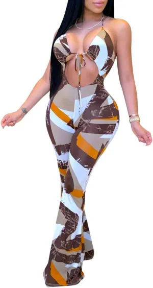 Remelon Womens Spaghetti Strap Halter Tie Dye Print Cut Out Bodycon Bell Flare Pants Club Party One Piece Jumpsuits Rompers