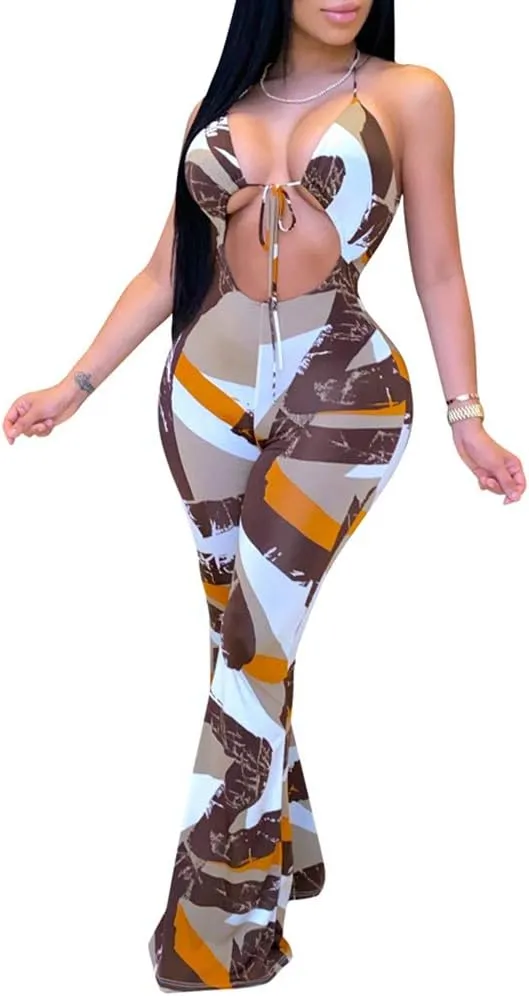 Remelon Womens Spaghetti Strap Halter Tie Dye Print Cut Out Bodycon Bell Flare Pants Club Party One Piece Jumpsuits Rompers