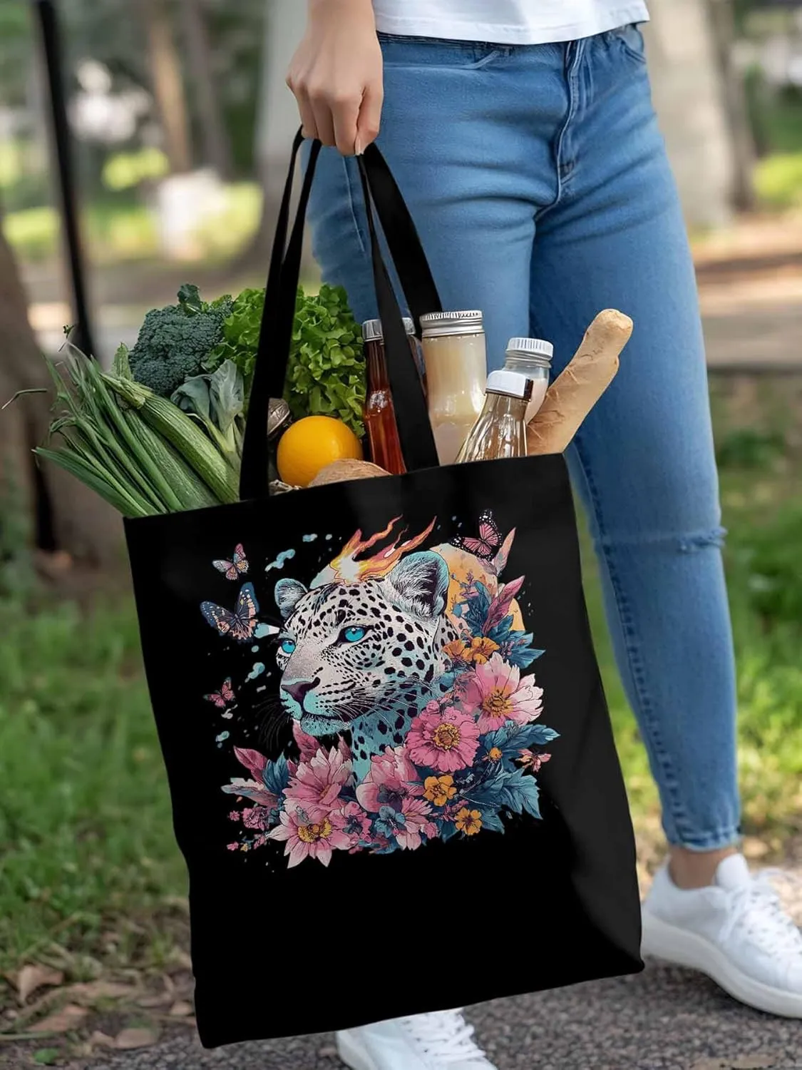 Retro Butterfly Flower Leopard Canvas Tote Bag, Aesthetic Canvas Tote Handbags for Women Shoulder Bag