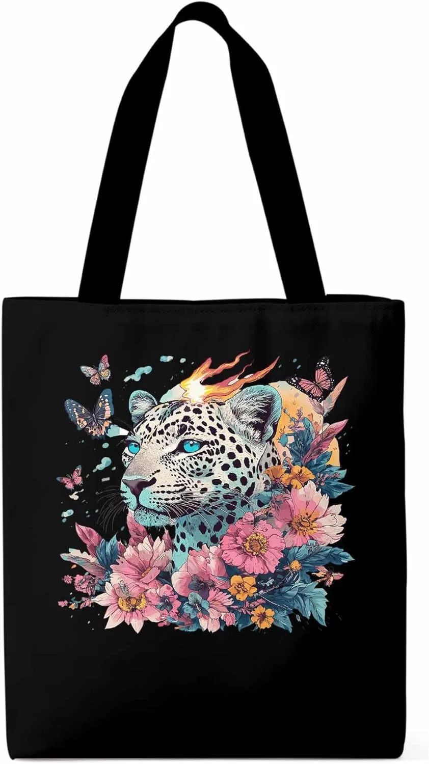 Retro Butterfly Flower Leopard Canvas Tote Bag, Aesthetic Canvas Tote Handbags for Women Shoulder Bag