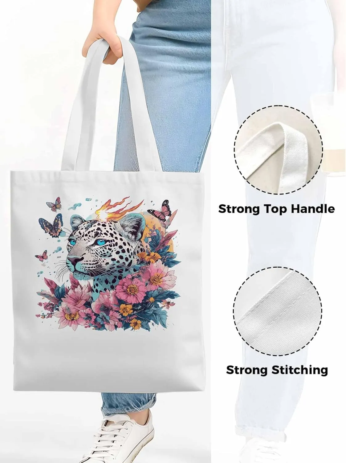 Retro Butterfly Flower Leopard Canvas Tote Bag, Aesthetic Canvas Tote Handbags for Women Shoulder Bag