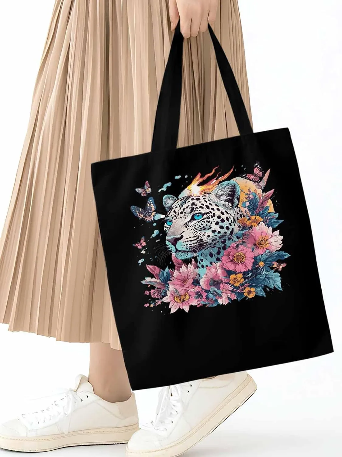 Retro Butterfly Flower Leopard Canvas Tote Bag, Aesthetic Canvas Tote Handbags for Women Shoulder Bag