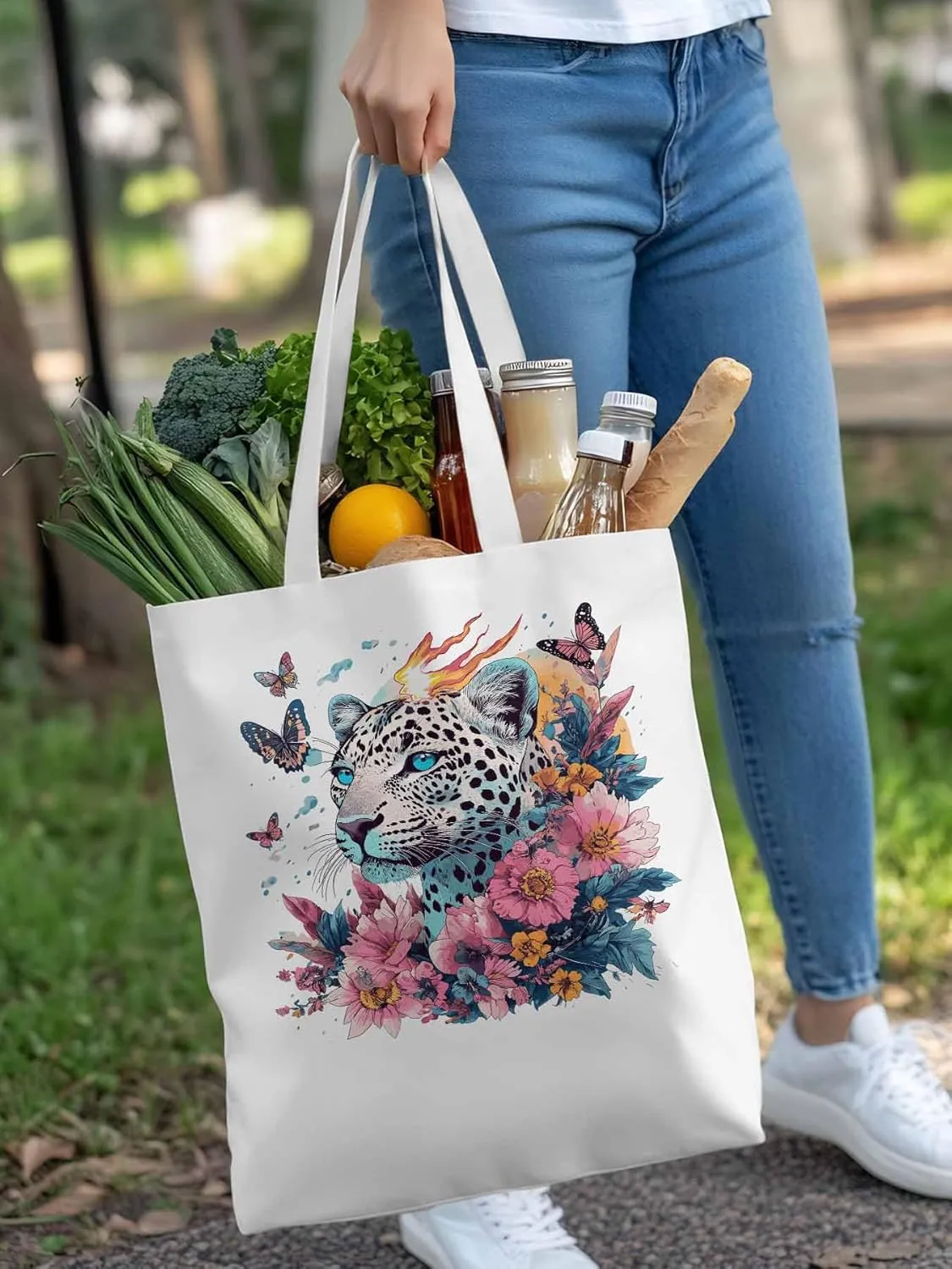 Retro Butterfly Flower Leopard Canvas Tote Bag, Aesthetic Canvas Tote Handbags for Women Shoulder Bag