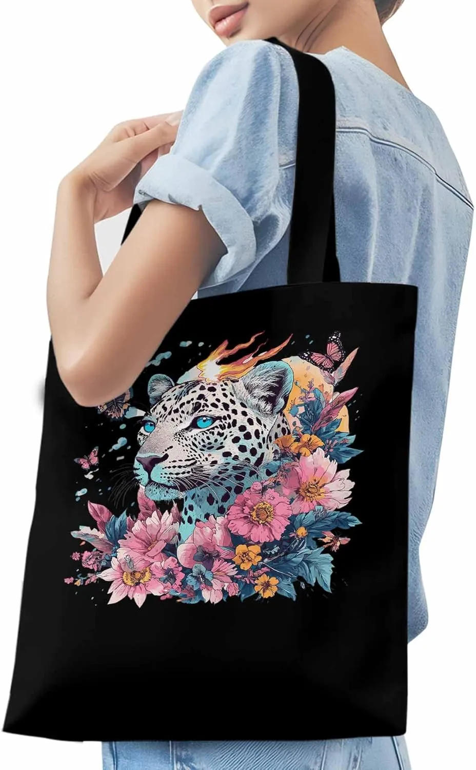 Retro Butterfly Flower Leopard Canvas Tote Bag, Aesthetic Canvas Tote Handbags for Women Shoulder Bag