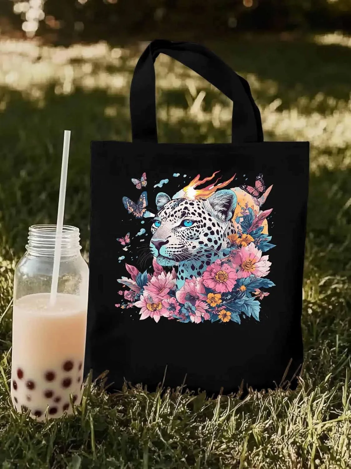 Retro Butterfly Flower Leopard Canvas Tote Bag, Aesthetic Canvas Tote Handbags for Women Shoulder Bag