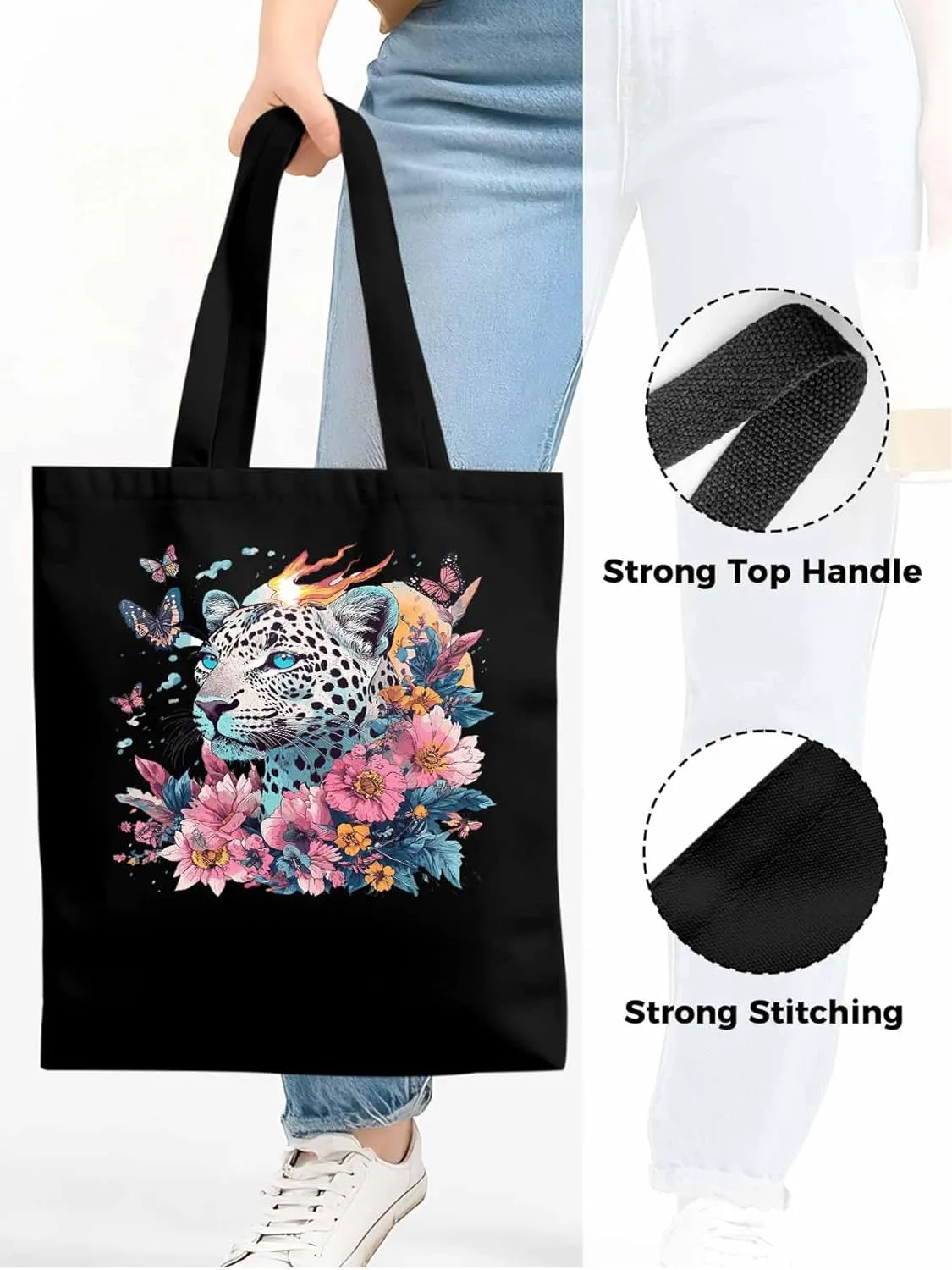 Retro Butterfly Flower Leopard Canvas Tote Bag, Aesthetic Canvas Tote Handbags for Women Shoulder Bag