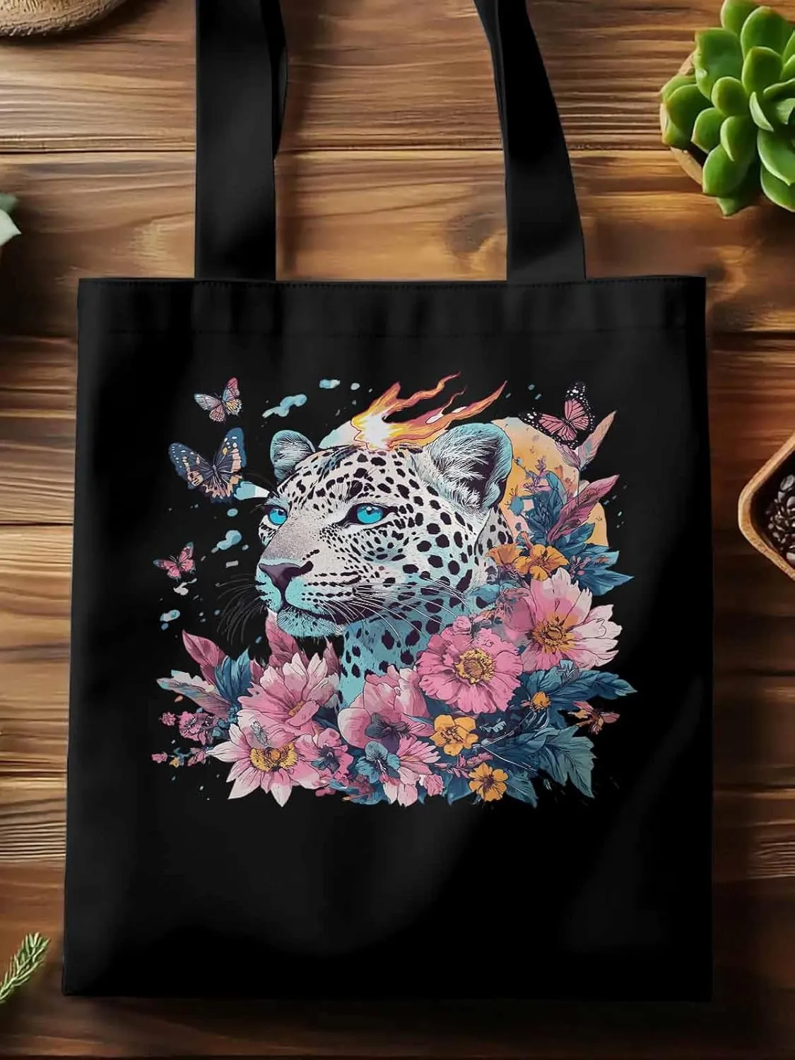 Retro Butterfly Flower Leopard Canvas Tote Bag, Aesthetic Canvas Tote Handbags for Women Shoulder Bag