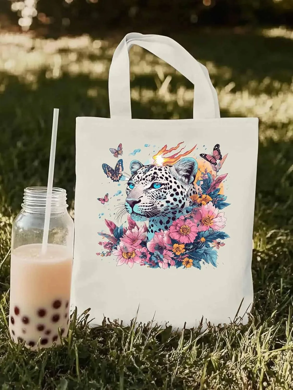 Retro Butterfly Flower Leopard Canvas Tote Bag, Aesthetic Canvas Tote Handbags for Women Shoulder Bag