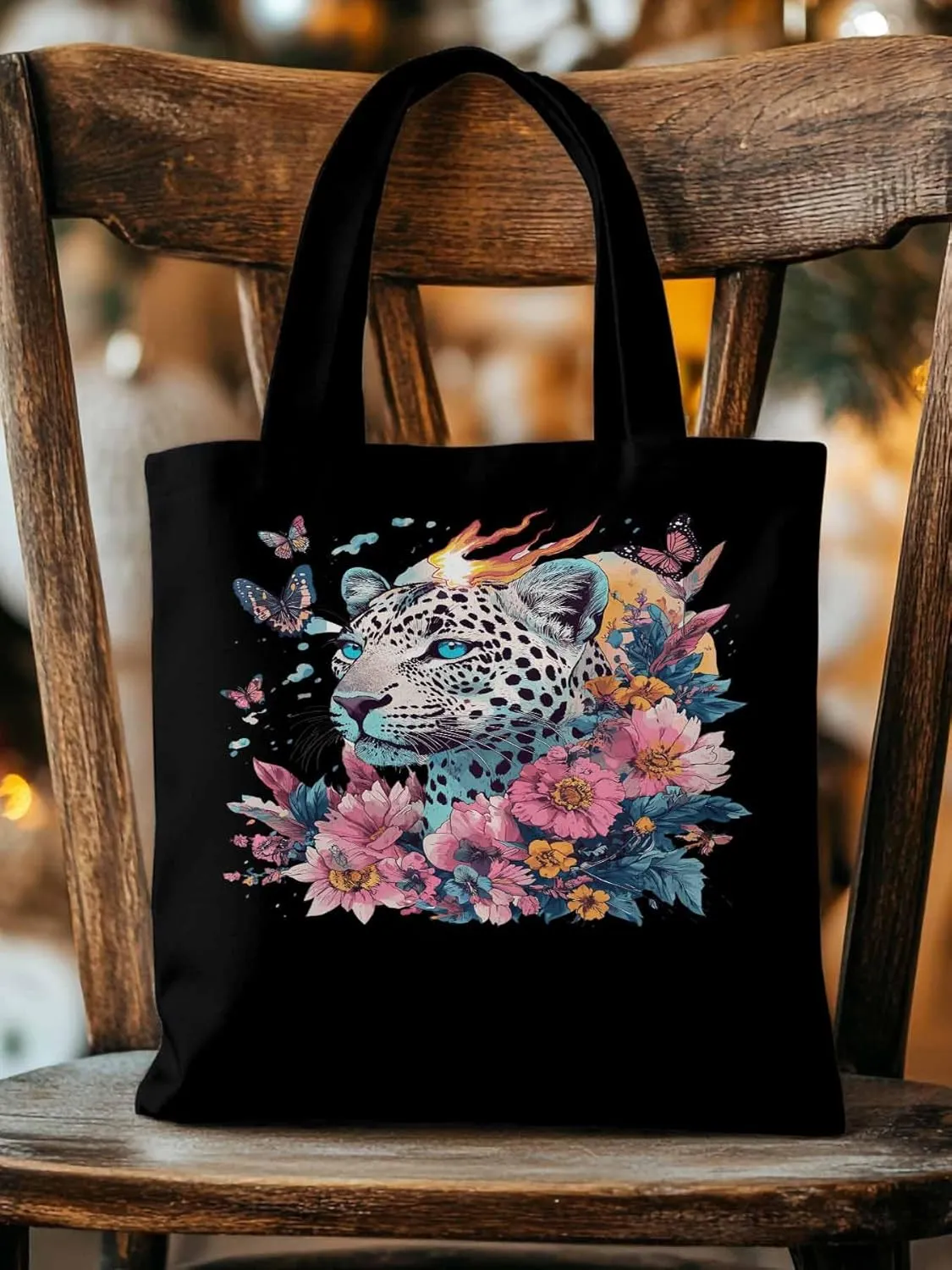 Retro Butterfly Flower Leopard Canvas Tote Bag, Aesthetic Canvas Tote Handbags for Women Shoulder Bag