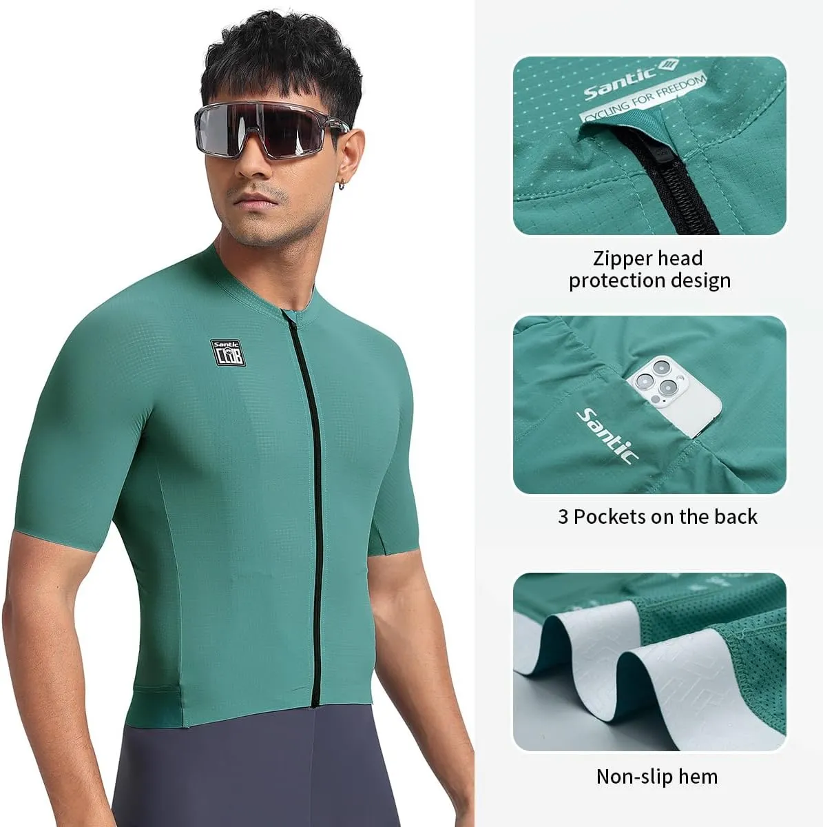 Santic Men's Cycling Jersey Short Sleeve Tops Pro Road Bike Shirt Full Zipper UPF 50  Bicycle Jersey with Pockets