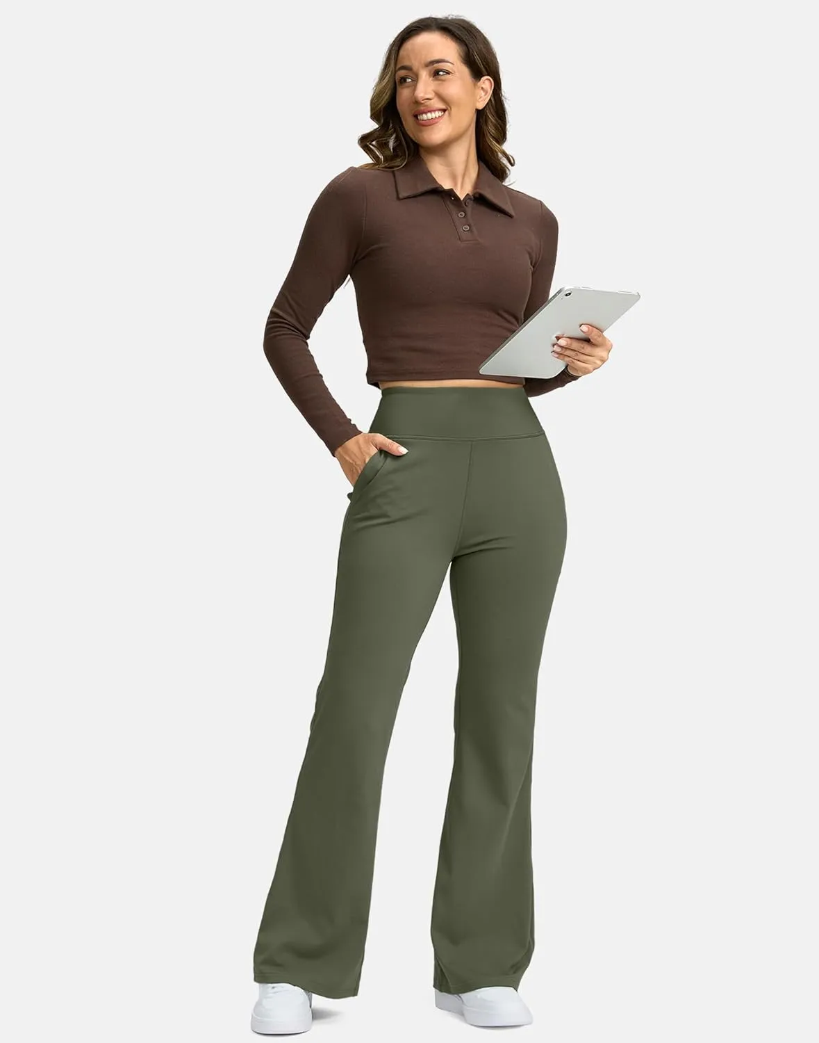 SANTINY Bootcut Pants for Women 28.5"/30.5"/32" Loose High Waisted Wide Leg Leggings Dress Work Flare Yoga Pants with Pockets